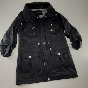 Betsey Johnson Small | Black Rain Coat Light Jacket Trench Chic Elevated Basics